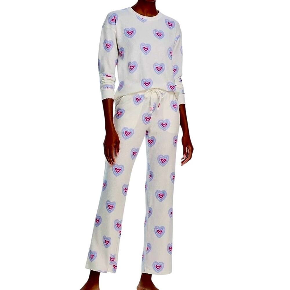 PJ Salvage Peace & Love Heart Print Waffle Thermal Pajama Set Loungewear M/L